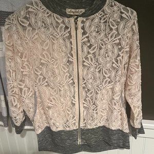 Scrapbook- Cream and Grey Lace zip-up jacket, long sleeve, Size S